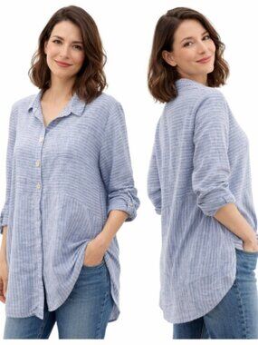 Habitat Linen Button Down Shirt Lagenlook Blue White Stripe Size Medium